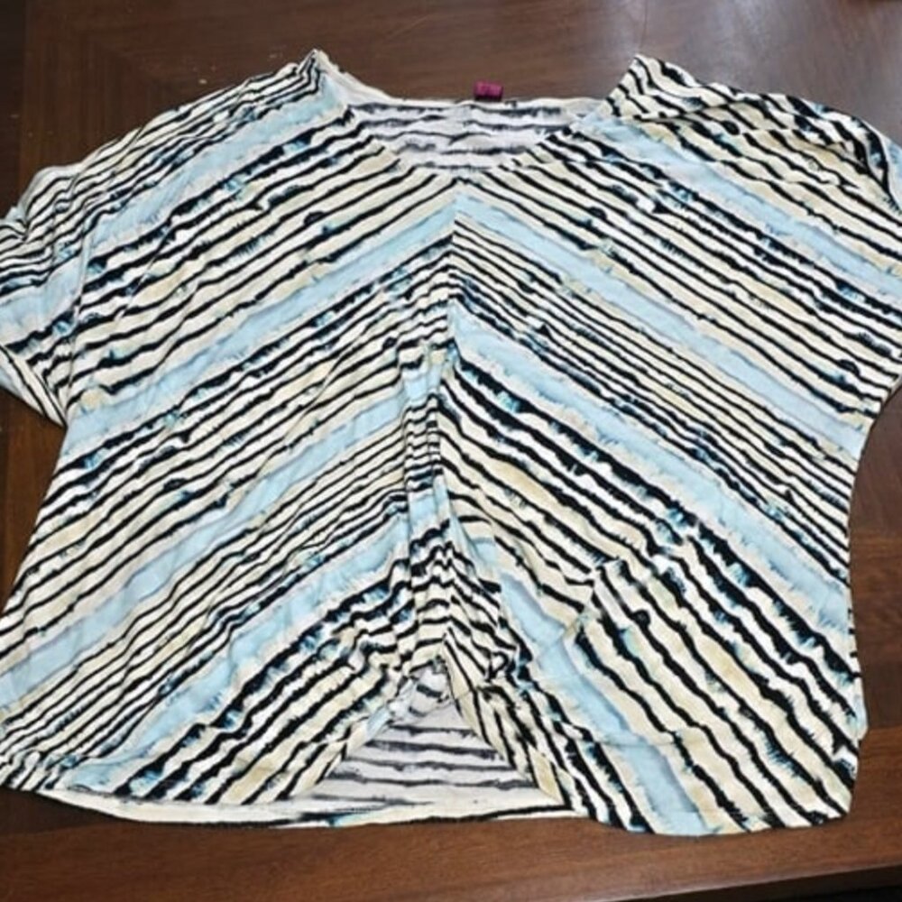 Women's Plus Blue and Black Striped Short Sleeve Blouse 1x